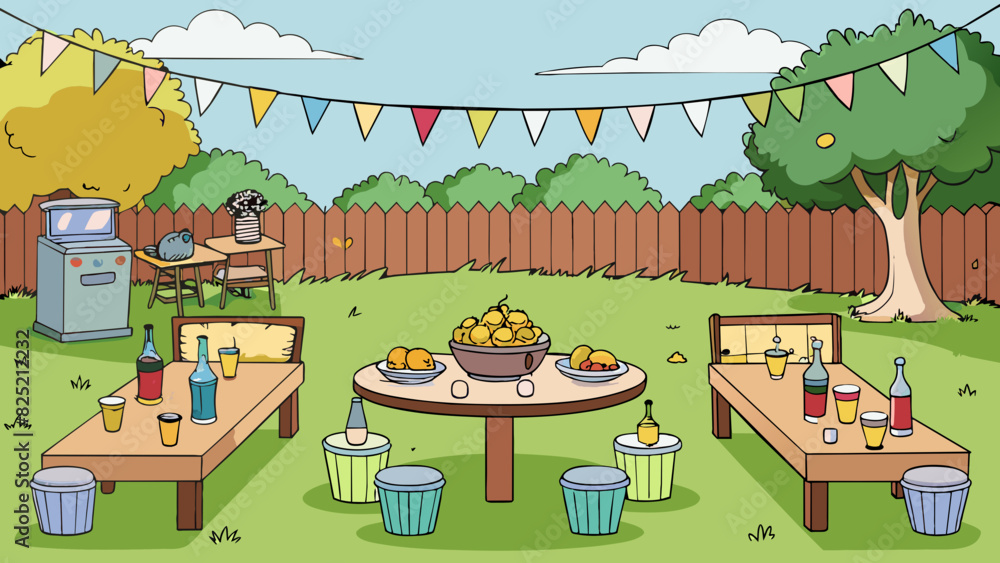 Poster A backyard party with string lights strung across the patio creating a warm and inviting ambiance. A table displays an assortment of homemade snacks. Cartoon Vector.