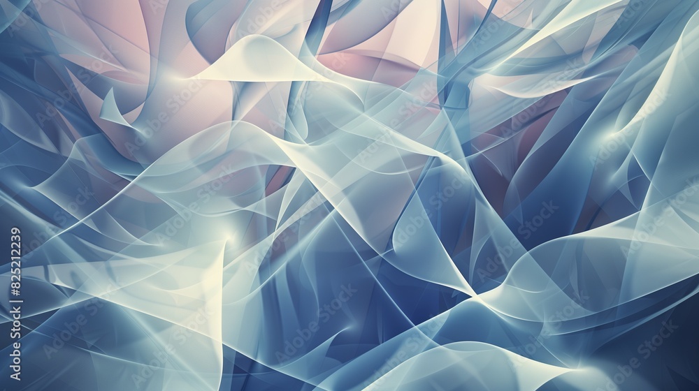Poster abstract background with layered translucent shapes in soft blue and pink tones
