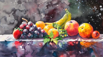 Watercolor painting of assorted fruits on a dark background in a cafe restaurant setting