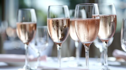 Photo of sparkling rose wine glasses arranged elegantly on a table, capturing the bubbles and reflections beautifully.