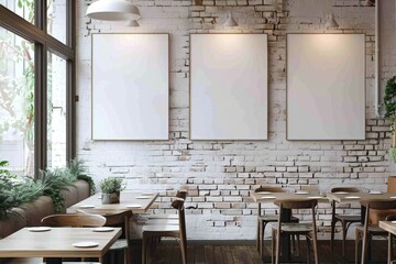 Modern Cafe Interior with Empty Frames on White Brick Wall