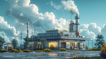 Bustling Industrial Site with Towering Smokestacks and Cloudy Sky