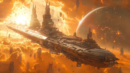 Colossal Interstellar Spacecraft Embroiled in Cataclysmic Cosmic Battle Amidst Fiery Celestial Backdrop