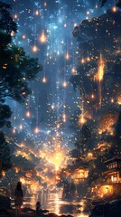 Enchanted Nightscape with Glowing Lights and Mystical Forest Scenery