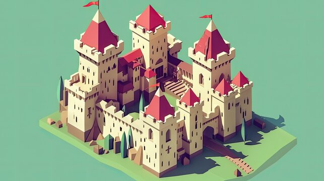 A detailed illustration of a medieval castle with towers and battlements, isolated on a green background