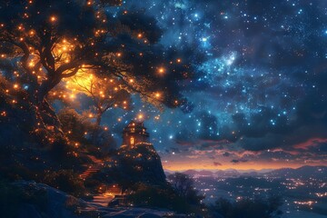 Enchanting Starry Night Landscape with Glowing Tree and Mountainous Scenery