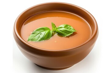 Bowl of creamy tomato soup with a basil leaf on a white background
