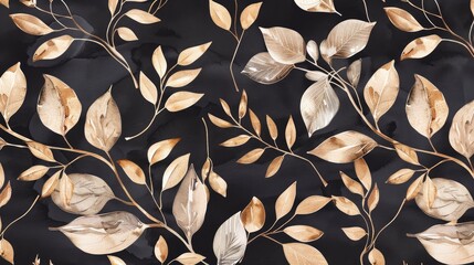 Handcrafted Watercolor Fabric with Seamless Abstract Leaf Design Botanical Ornament with Autumn Floral Patterns Beige Leaves Interwoven on Dark Background
