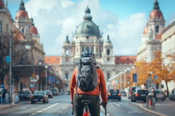 Obraz premium Cyclist Photography on Urban Tour - Capturing Architectural Landmarks and Cityscape