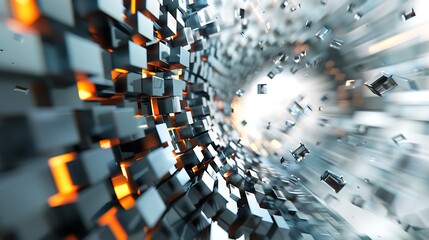 Abstract 3D rendering of a tunnel made of glowing cubes.