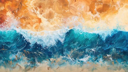 Vibrant painting of ocean waves with rich blue and orange hues, depicting the dynamic beauty and power of the sea. Perfect for art lovers.