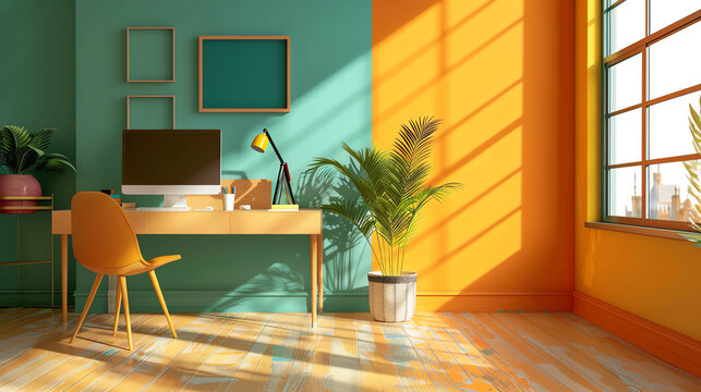 active learner workspace, flat design, side view, personalized study area, 3D render, triadic color scheme.