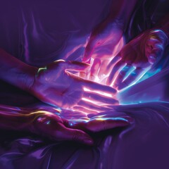 Healing Hands with Colorful Energy Beams in a Deep Purple Background - Concept of Light Therapy and Spiritual Healing