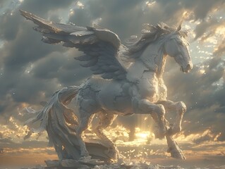 Majestic Pegasus Soaring Through Dramatic Celestial Landscape