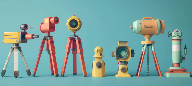 distance measurement tools, flat design, side view, precision surveying equipment, 3D render, triadic color scheme.