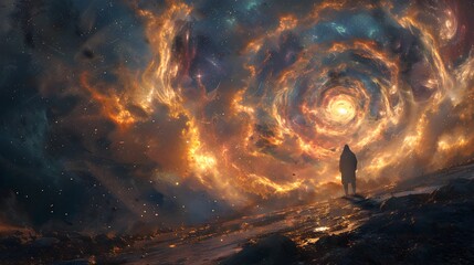 Solitary Figure Facing the Grandeur of a Cosmic Storm in the Vast Expanse of the Universe