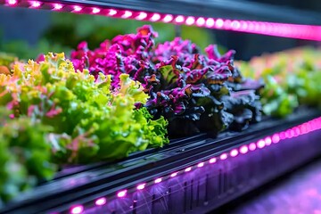 Thriving Hydroponics:Lush Indoor Garden with Vibrant Greens and Advanced Lighting System