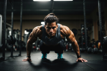 Fototapeta premium Focused young man doing pushups as part of his workout routine in a wellequipped gym
