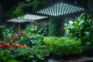 Thriving Indoor Hydroponic Garden with Advanced Lighting System for Sustainable Food Production