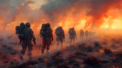 Valiant Soldiers Confront Fiery Chaos Amidst the Battlefield Smoke and Flames