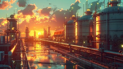 Vibrant Industrial Sunset Reflecting on Expansive Petrochemical Facility