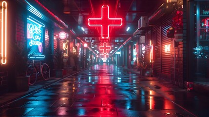 Vibrant Neon-Lit Urban Alley at Night:A Captivating Cityscape