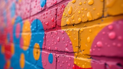 Vibrant Weathered Brick Wall with Colorful Dripping Paint Splatters and Abstract Graffiti Art