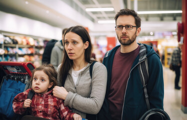 Obraz premium Young family with worried expressions shopping in a grocery store aisle