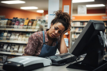 Overworked cashier with a weary expression leaning on a store's checkout desk