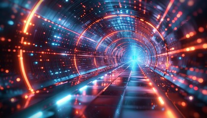 Obraz premium A tunnel with blue and orange lights by AI generated image