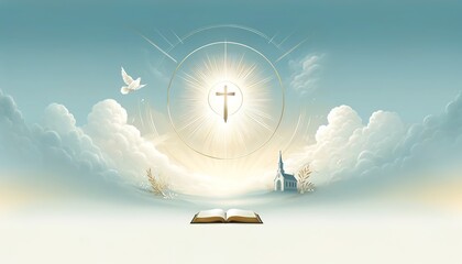 Poster on a religious theme 24. A stylized image of a shining cross, the Bible, a church and a dove in the sky among the clouds. For advertising, presentations, postcards