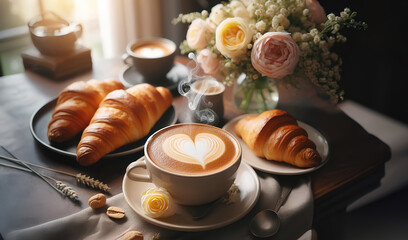 Cup of coffee with beans on the table wooden morning atmosphere