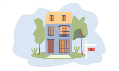 House for sale. The house and sign in the foreground with the information. Vector illustration in flat style