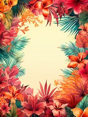 Fototapeta premium Tropical floral frame with vibrant hibiscus flowers and lush greenery on a white background.