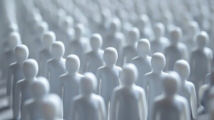 A crowd with numerous white, faceless figures standing in rows. This image symbolizes unity, conformity, and the human collective, evoking thoughts on individuality and society.
