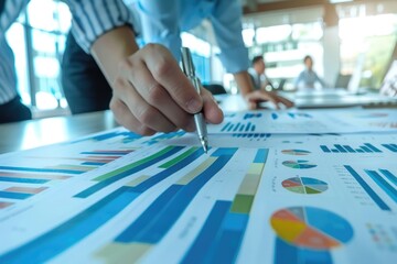 Naklejka premium Business team evaluating financial growth using multiple graphs close up, focus on, growth analysis, vibrant, Multilayer, executive office