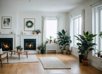 Fototapeta premium Minimalist living room with a fireplace and indoor plants