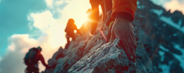Climber's hand grasping the summit rock with teammates in the background close up, focus on, team effort, moody lighting, cinema tone, rocky summit