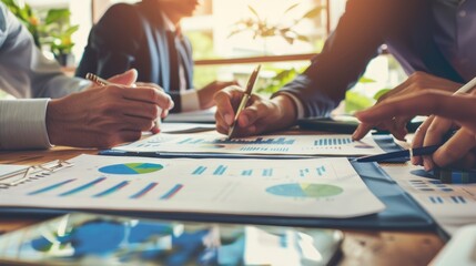 Business team preparing financial reports with various graphs close up, focus on, report preparation, dynamic, Multilayer, executive office