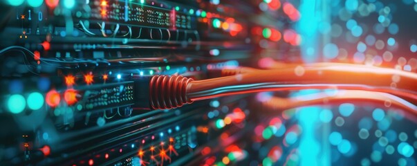 Color-coded network cables connected in a server room close up, focus on, structure, dynamic, Multilayer, tech environment