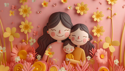 Two young girls are hugging each other in a pink flower field by AI generated image