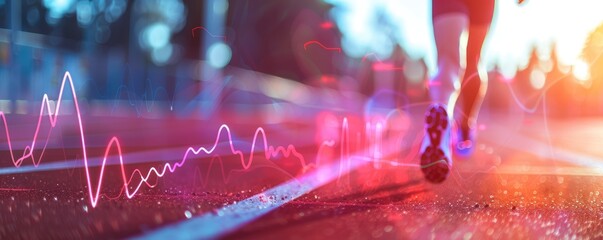 Heart rate monitor displaying a runner's pulse close up, focus on, fitness, dynamic, Overlay, outdoor track