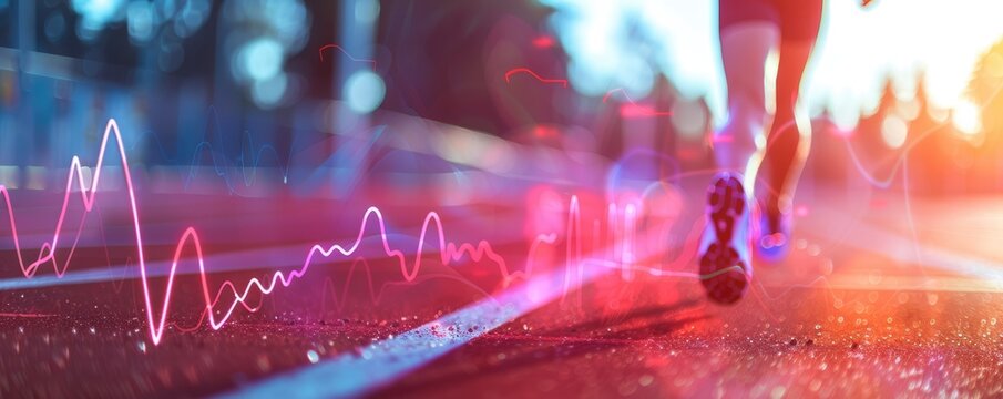 Heart rate monitor displaying a runner's pulse close up, focus on, fitness, dynamic, Overlay, outdoor track