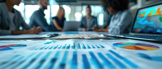Business team discussing financial projections with multiple graphs close up, focus on, business planning, vibrant, Multilayer, executive office