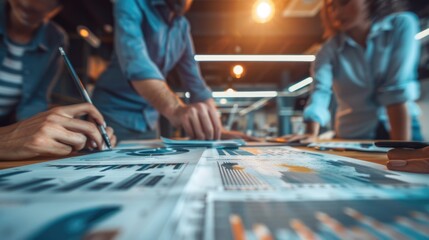 Business team collaborating over financial charts and graphs close up, focus on, teamwork, whimsical, Multilayer, executive office