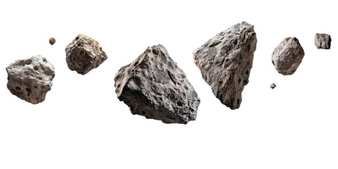 Realistic Flying Asteroids Isolated on Transparent Background PNG with Cut Out, Copy Space.