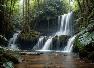 Scenic view of a waterfall in a tropical rainforest