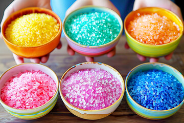 Hands holding colorful rainbow rice, with vibrant grains in various hues.