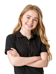 Fototapeta premium Happy 18 year old Caucasian woman wearing black polo t-shirt for costume sales service job. Isolated over transparent background