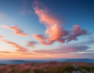 Stunning romantic and relaxing sunrise with some pink illuminated clouds moving across a blue sky. Long exposure, natural background.